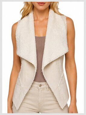 BlankNYC Faux Leather Shearling Vest Ivory Waterfall Open Front S